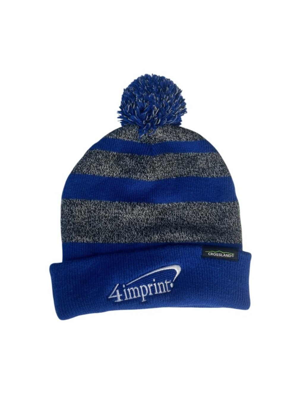 4Imprint Crossland Pom Beanie Hat Blue Gray Striped Warm Winter Cap